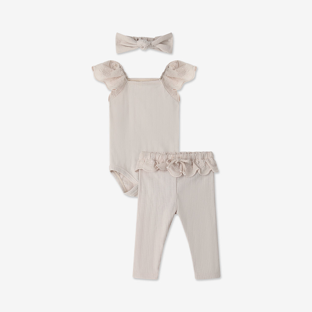 Frilled Sleeve Bodysuit & Log Pants Set + Head band H - H1a