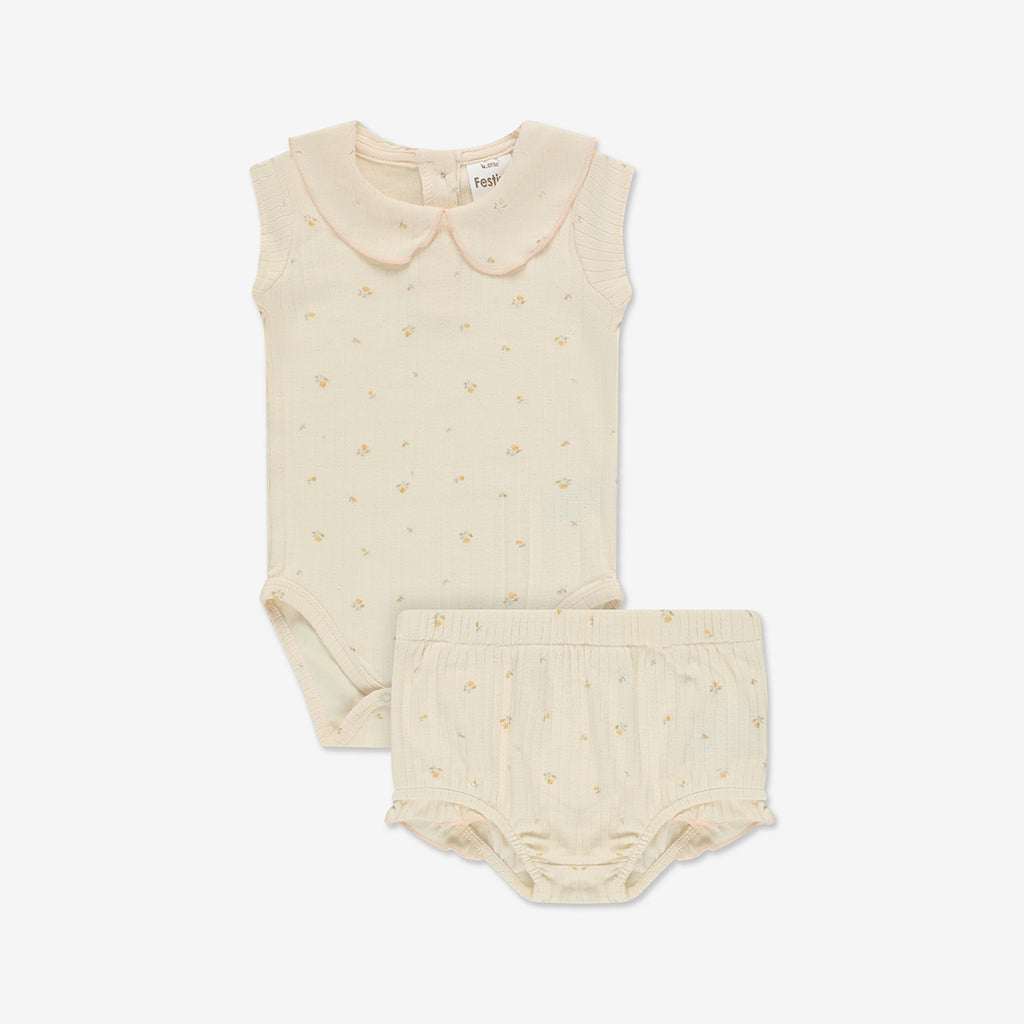 Pointelle Bodysuit with Collar & Pants Set RIB - RIB1a